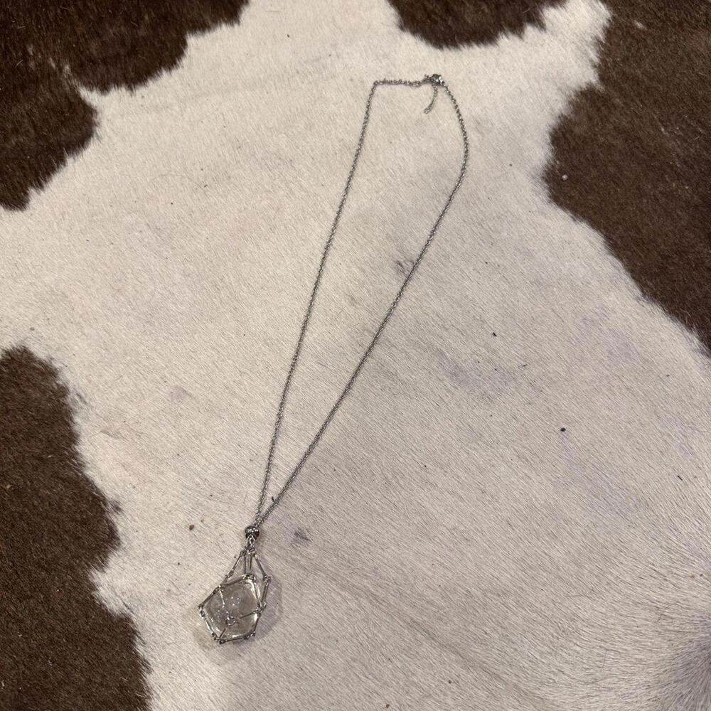 Crystal Cage Pendant Necklace Adjustable Stone Holder Silver Tone